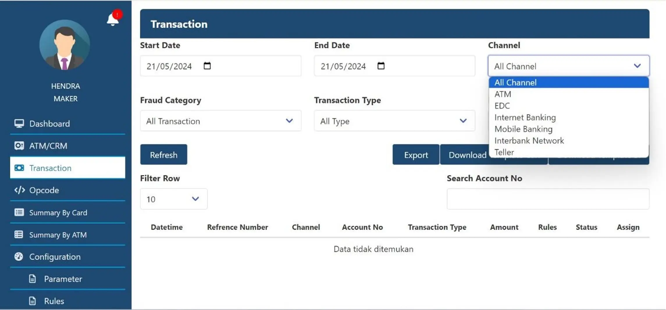 Fraud Detection System transaction dashboard